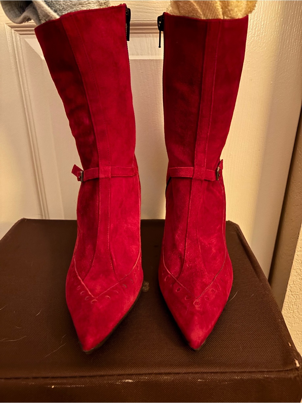 Women's Red Suede Pointed-Toe Ankle Booties- made in Italy. Purchased in NYC